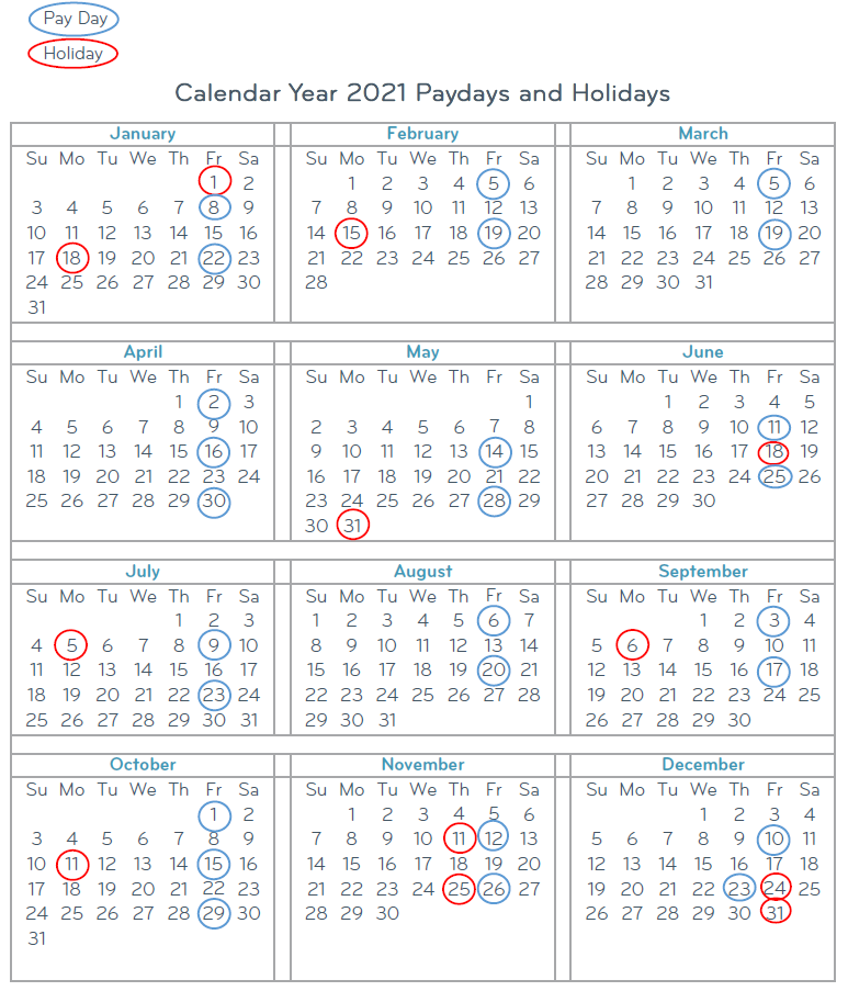 Payroll Calendar 2021 Paydays and Holidays